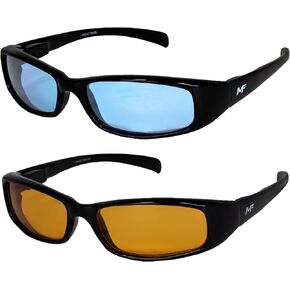 2 Pairs of MF Eyewear Bad Attitude Cool Wraparound Motorcycle Sunglasses Black Frames with Blue & Orange Lenses