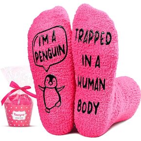 HAPPYPOP Funny Socks for Women, Fuzzy Pink Socks Penguin Gifts Animal Gifts, Funny Penguin Socks Women Animal Socks