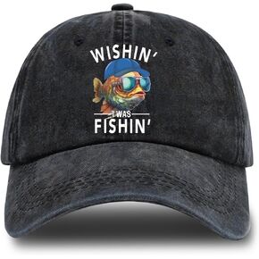 Wishin' I was Fishin' Adjustable Vintage Washed Cotton Baseball Cap, Funny Retro Trucker Hat for Men Grandpa Dad Fishing Lover, Father' s Day Birthday Gift for Fisherman