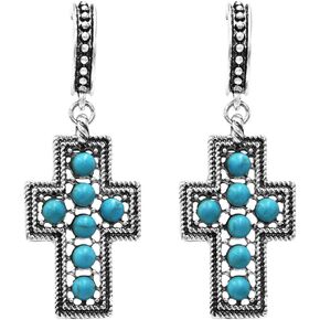 Rosemarie's Religious Gifts Women's Stunning Western Style Hoop With Turquoise Beaded Cross Earrings, 2.25"