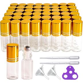 50 PCS Essential Oil Roller Bottles 5ml Clear Glass Roller Bottles with Stainless Steel Roller Ball,Gold Caps, Vials for Travel Perfume Sample Bottles (5ml)