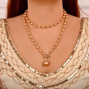 Wiwpar Dainty Layered Pearl Pendant Necklace Baroque Long Pearl OT Clasp Fashion Retro Charm Choker Necklace and Earrings Set for Women Girls Jewelry