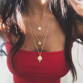 Bohemia Layered Choker Necklace Cross Coin Disc Pendants Necklace Multilayer Cross Necklace for Women and Girls
