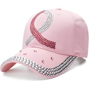 Women's Breast Cancer Fight Baseball Cap Rhinestone Bling Cap - Adjustable Hat with Pink Ribbon Pattern
