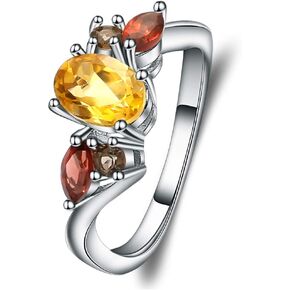 925 Sterling Silver Mixed Citrine Garnet Smoky Quartz Birthstones Ring For Women
