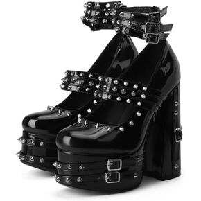 Frankie Hsu Goth Chunky Platform High Heeled Pumps Ankle Bootie, Black Patent Strappy Rivets Punk Gothic Y2K Hot Girl Boot, Big Large Size Shoes For Women Men