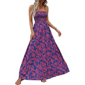 MakeMeChic Women's Floral Print Shirred Cami Dress Spaghetti Strap Sleeveless High Waist Flare Long Dress