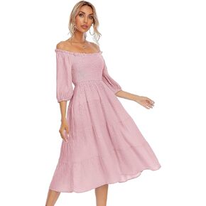 R.Vivimos Women's Summer Linen Lantern Sleeves Ruffled Off Shoulder A-Line Midi Dresses