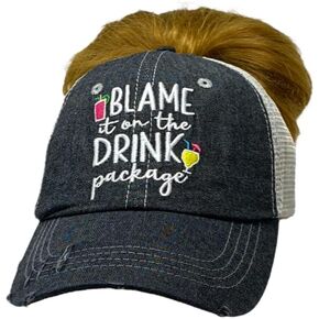 Womens Blame It On The Drink Package Hat | Blame it on The Drink Package Messy Bun Top Ponytail Hat | Cruise Hat for Women 909 Dark Grey