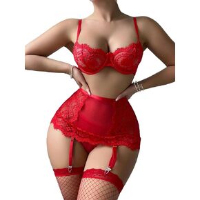 COZYEASE Women's 5 Piece Lingerie Set Lace Mesh Underwire Garter Lingerie Set Sexy Chemise Sleepwear Set