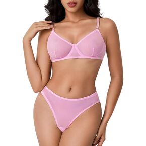 Kaei&Shi Sexy Bra Thong Set For Women, Sheer Mesh Lingerie, Soft Stretchy
