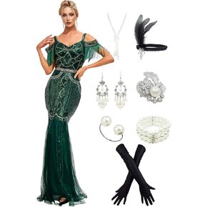 Women's V Neck Short Sleeve Sequin Bridesmaid Gown Evening Party Mermaid Formal Dress with 20s Accessories Costume