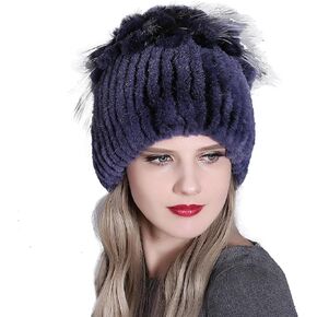Fur Knitted Hat for Women Flower Shape Elastic Beanie Warm Cap