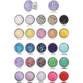 25 Pairs Faux Druzy Stud Earrings Stainless Steel Glitter Round Stud Earring Bohemian Bling Multi-Colorful Pierced Earrings Jewelry Set For Women 6-8-10-12mm