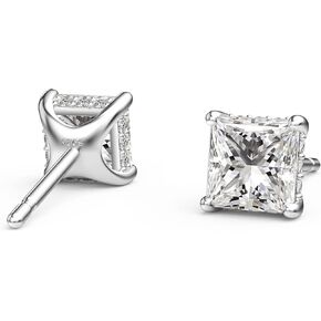 18K White Gold Plated Princess Cut Cubic Zirconia Stud Earrings 4 Prong Square CZ Stud Earrings for Women Men, Rhodium Plated 925 Sterling Silver Simulated Diamond Earrings Studs