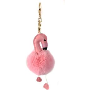 surell Real Rex Rabbit Fur Pink Flamingo Key Chain - Beach Bag Purse Charm - Gold Ring Fluffy Fur Ball - Fashion Gift (Pink)