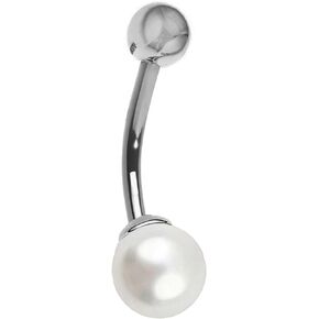 Ritastephens 14k Solid Gold Belly Button Freshwater Cultured Pearl Barbell Navel Ring Body Jewelry (Yellow or White)