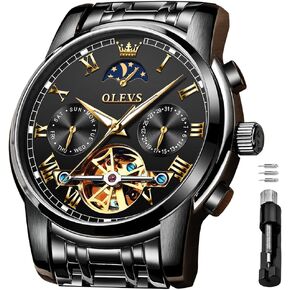 OLEVS Men's Automatic Mechanical Watches Luxury Dress Waterproof Self Winding Moon Phase Chronograph Stainless Steel Luminous Date Tourbillon Wristwatch for Men