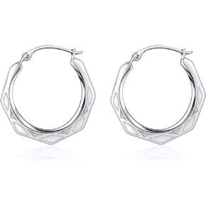 10K Solid Gold Diamond Cut Designed Hexogal Shaped Hoop Earrings 2X22Mm- Available In Yellow Or White Gold