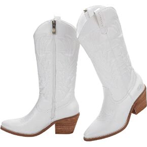 Cowgirl Boot for Women's, Western Retro Classic Mid-Calf Boot Embroidered Pointed Toe Chunky Heel for Ladies Festival Boots