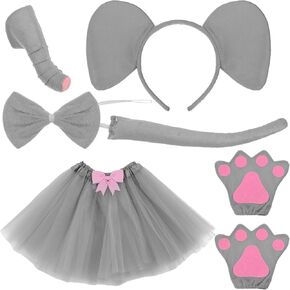Newcotte 6 Pieces Grey Kids Elephant Costume Set Include Elephant Ears Headband Nose Tail Paws Bow Tie Tutu Skirt Animal Fancy Dress Costume Kit Party Accessories for Girls Halloween Birthday Cosplay
