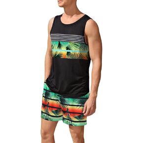 GORGLITTER Men's 2 Piece Striped Tropical Print Tracksuit Crewneck Tank Top and Drawstring Pockets Shorts Set