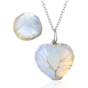 Halukakah Moonstone Necklace Bracelet - LUNARLOVE - Handmade Platinum/18k Gold Plated Winding Tree of Life Wire, Natural Crystal Moon/Heart/Waterdrop Shape Pendants