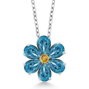 Gem Stone King 925 Sterling Silver and 10K Yellow Gold London Blue Topaz and Yellow Citrine Pear Shape Flower Pendant Necklace For Women (2.47 Cttw, Gemstone Birthstone, with 18 Inch Chain)