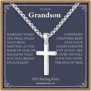 Cross Necklaces Gifts for Men Him, S925 Sterling Silver Box Chain Cross Necklace Religious Baptism Gifts for Men Grandson Son Anniversary Birthday Gifts for Dad Husband Boyfriend