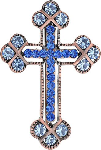 Alilang Copper Tone Sapphire Blue Colored Rhinestones Holy Cross Brooch Pin in Saudi Arabia