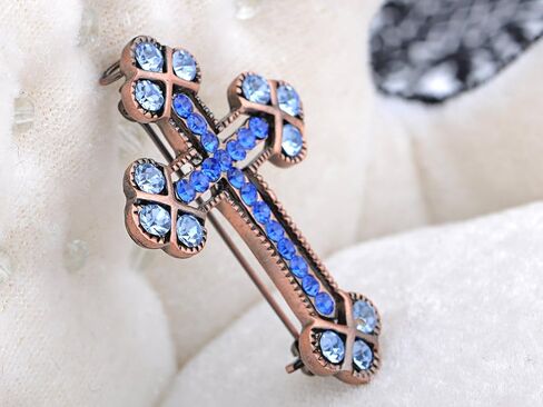 Alilang Copper Tone Sapphire Blue Colored Rhinestones Holy Cross Brooch Pin in Saudi Arabia