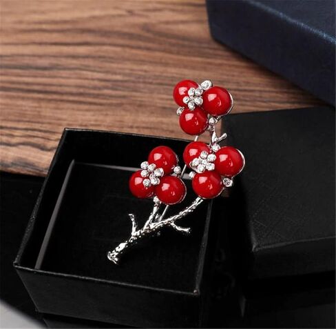 Red Pearls Plum Brooch Vintage Plum Blossom Brooch Pin Fashion Flower Lapel Pin Badge Women's Accessories Brooch Pins Gifts, Alloy Steel, no gemstone in Kuwait