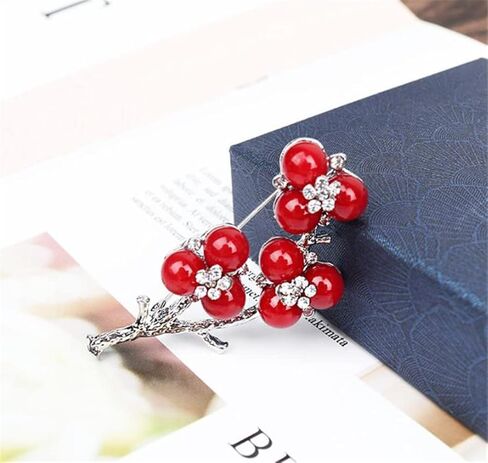 Red Pearls Plum Brooch Vintage Plum Blossom Brooch Pin Fashion Flower Lapel Pin Badge Women's Accessories Brooch Pins Gifts, Alloy Steel, no gemstone in Kuwait