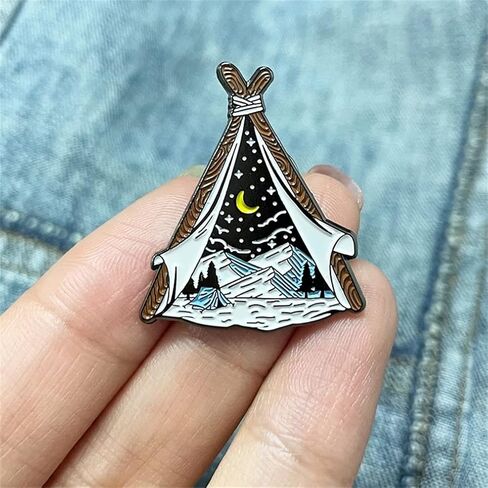 Explore Nature Tent Brooch Starry Moon Star Snow Mountain Forest Enamel Pin Adventure Badge for Hat Jacket Cotton Shirt Skirt Canvas Bag, Metal, no gemstone in Saudi Arabia