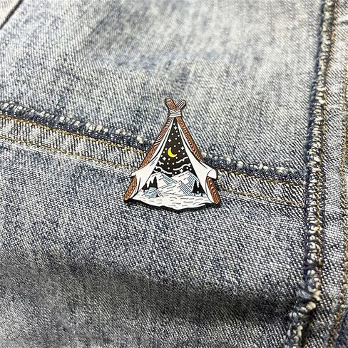 Explore Nature Tent Brooch Starry Moon Star Snow Mountain Forest Enamel Pin Adventure Badge for Hat Jacket Cotton Shirt Skirt Canvas Bag, Metal, no gemstone in Saudi Arabia