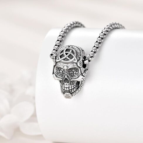 YFN Skull Necklace Sterling Silver Celtic Skull Head Pendant Gothic Jewelry Viking Goth Halloween Punk Gifts for Women Men, Sterling Silver, No Gemstone in Saudi Arabia
