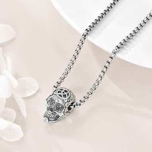 YFN Skull Necklace Sterling Silver Celtic Skull Head Pendant Gothic Jewelry Viking Goth Halloween Punk Gifts for Women Men, Sterling Silver, No Gemstone in Saudi Arabia