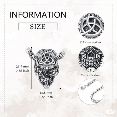 YFN Skull Necklace Sterling Silver Celtic Skull Head Pendant Gothic Jewelry Viking Goth Halloween Punk Gifts for Women Men, Sterling Silver, No Gemstone in Saudi Arabia