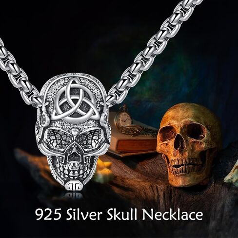 YFN Skull Necklace Sterling Silver Celtic Skull Head Pendant Gothic Jewelry Viking Goth Halloween Punk Gifts for Women Men, Sterling Silver, No Gemstone in Saudi Arabia