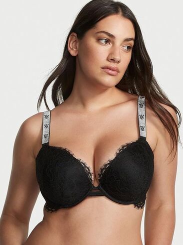 Victoria's Secret Shine Strap Push Up Bra, Adds One Cup Size, Padded, Plunge Neckline, Lace, Bras for Women, Very Sexy Collection, Black Monogram (38C) in Saudi Arabia