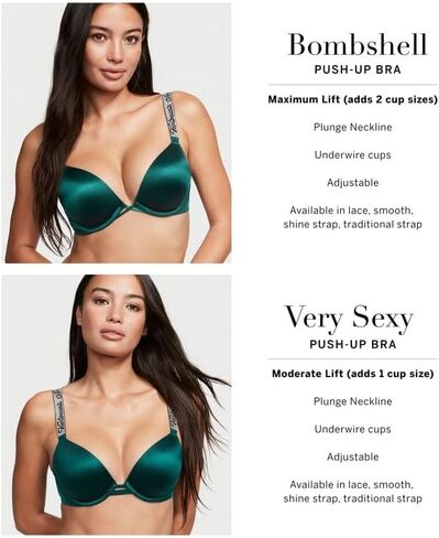 Victoria's Secret Shine Strap Push Up Bra, Adds One Cup Size, Padded, Plunge Neckline, Lace, Bras for Women, Very Sexy Collection, Black Monogram (38C) in Saudi Arabia