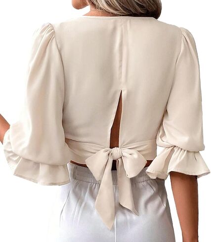 Rooscier Women's V Neck Flounce Half Sleeve Tie Back Sexy Crop Top Tee Blouse in Saudi Arabia