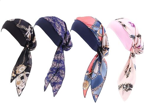 Chemo Headwear for Women 4 Pieces Pre Tied Head Scarf Beanie Skull Cover Cap in Saudi Arabia