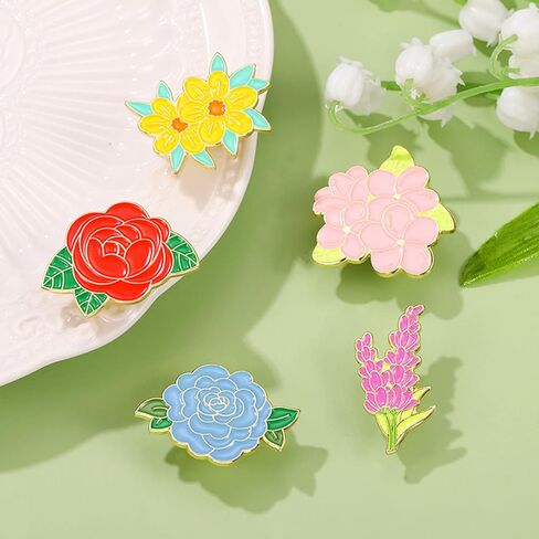 مجموعة دبابيس بروش المينا زهرة، دبابيس المينا نبات الكرتون للنساء الفتيات الملونة الدلفينيوم الخشخاش القطيفة ارتفع صباح المجد الزهور بروش دبابيس شارة للسترات حقائب الظهر in Kuwait