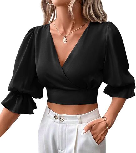 Rooscier Women's V Neck Flounce Half Sleeve Tie Back Sexy Crop Top Tee Blouse in Saudi Arabia