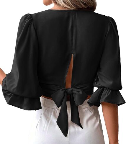 Rooscier Women's V Neck Flounce Half Sleeve Tie Back Sexy Crop Top Tee Blouse in Saudi Arabia