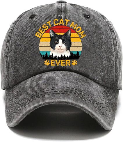 Pishovi Best Cat Mom Distressed Washed Black Baseball Cap, Vintage Adjustable Cotton Cap, Birthday for Mom Grandma Sister, Funny Hat for Cat Lover Mom A, Black, 7-7 1/4 in Saudi Arabia