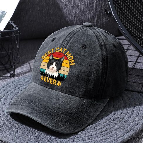 Pishovi Best Cat Mom Distressed Washed Black Baseball Cap, Vintage Adjustable Cotton Cap, Birthday for Mom Grandma Sister, Funny Hat for Cat Lover Mom A, Black, 7-7 1/4 in Saudi Arabia