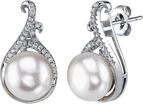 THE PEARL SOURCE 9-10mm Genuine White Freshwater Cultured Pearl & Cubic Zirconia Cantor Earrings for Women in Saudi Arabia