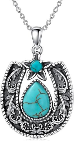 Althum Horseshoe Western Necklace with Genuine Turquoise 925 Sterling Silver Necklace 9 * 7mm Teardrop Turquoise Horseshoe Pendant Necklace with 18+2inch Chain for Women in Kuwait